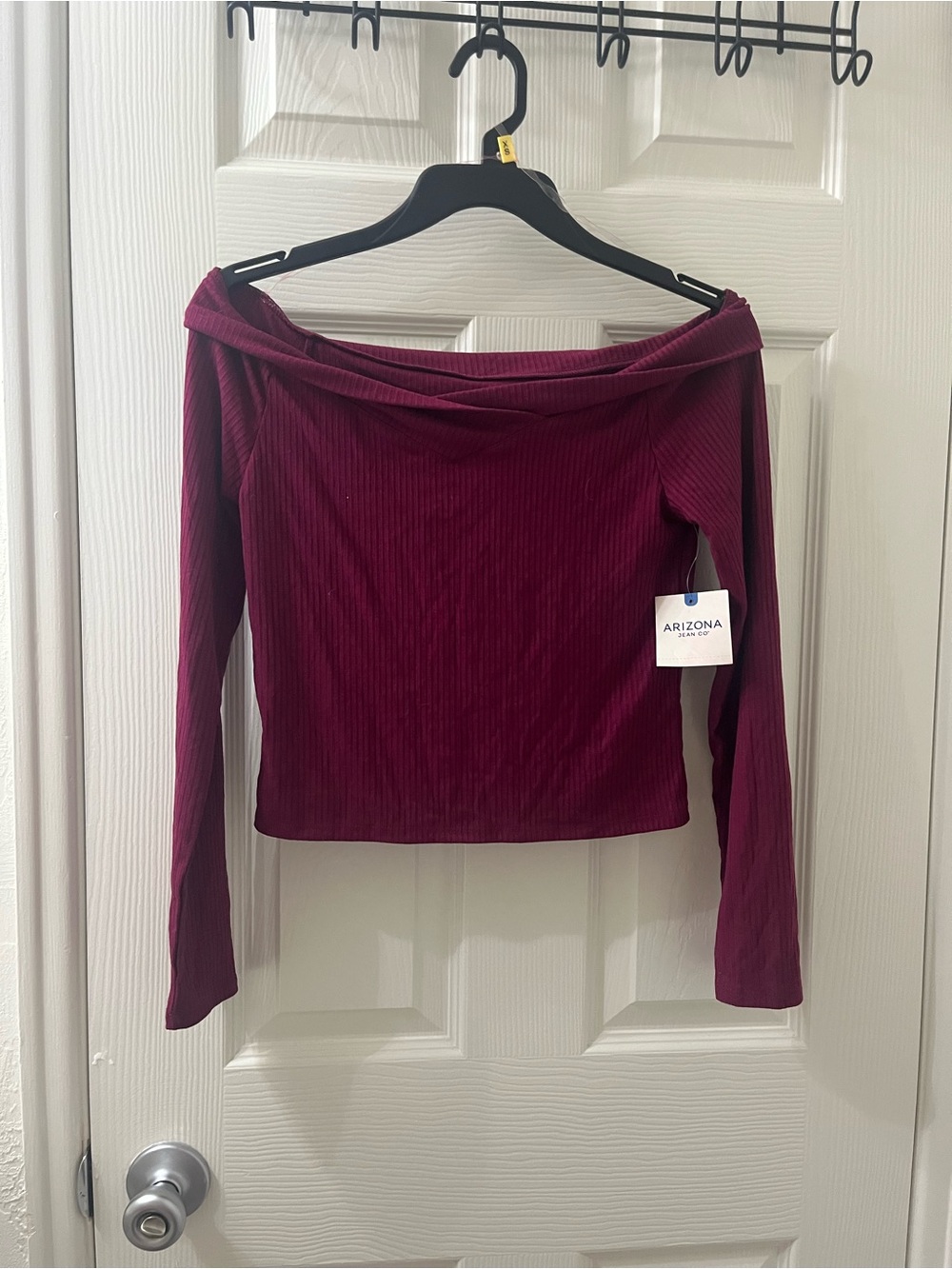 Arizona Jean Company Off-The-Shoulder Ribbed Long Sleeve Top - Wine